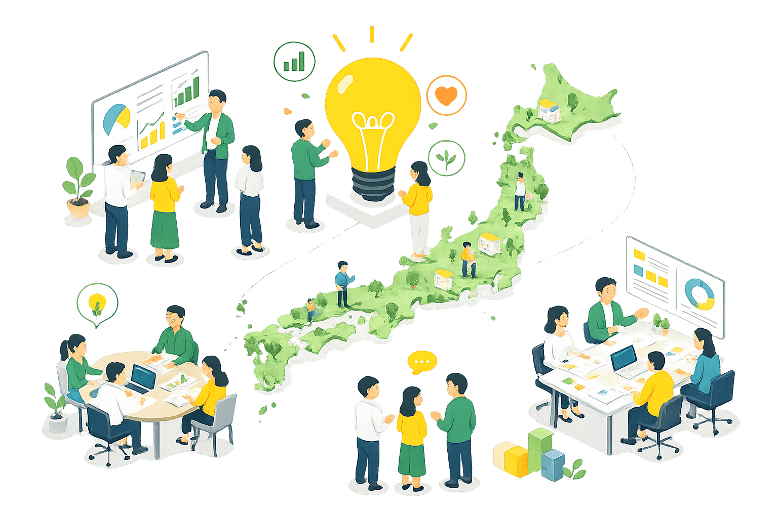 おもしろい発想で地域に新しいご縁をつくるイラスト